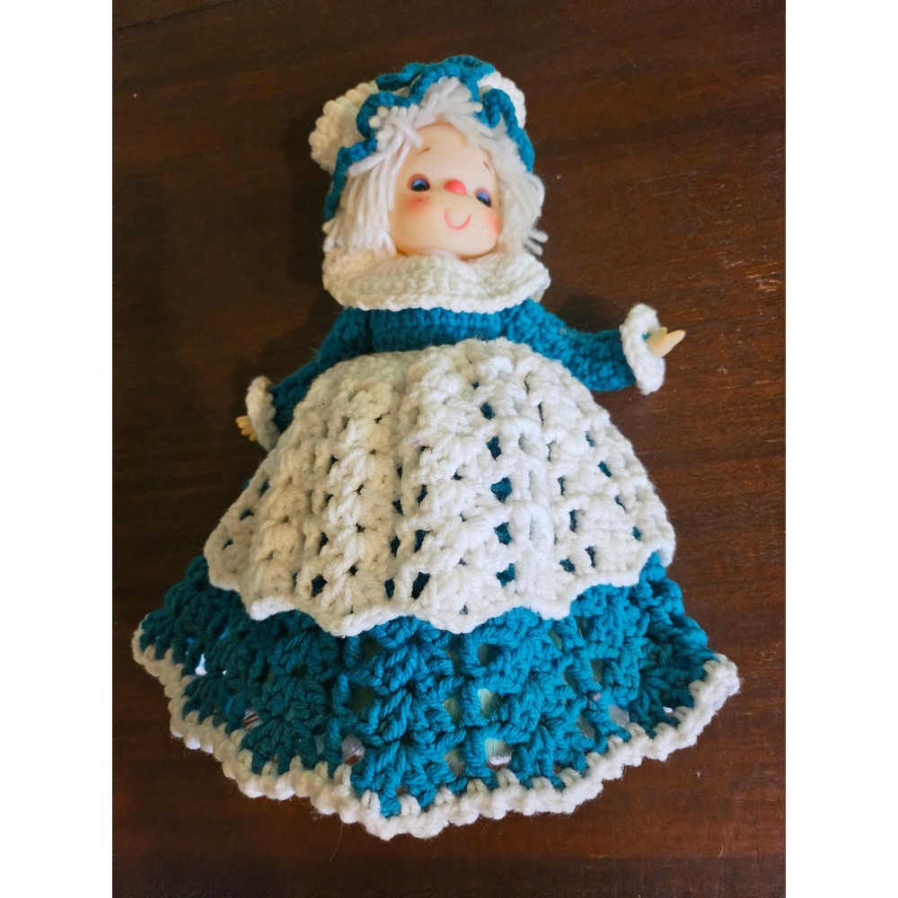 Unbranded Crochet Feather Duster Doll Kids Teal White Vintage Style Decor